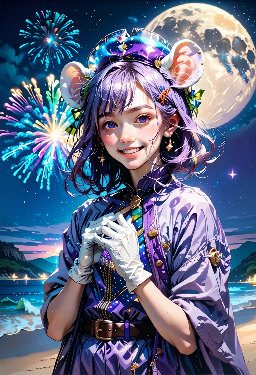 masterpiece, Best quality, mouse-heron, purple hat, hairclip, green ribbon, purple jacket, White gloves, belt, purple miniskirt, upper body, blushing, smile, I look at the viewer, beach, night, moon, fireworks, Hands to chest