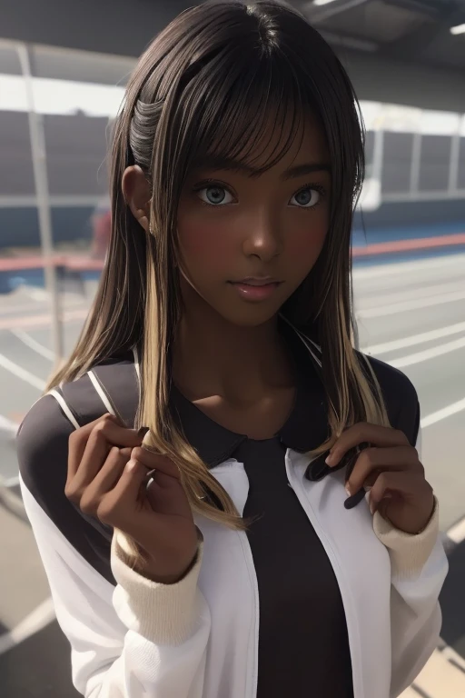 (((( one girl )))), Put your hand over your mouth、Beautiful breasts、 Brown eyes, ((Gal Hairstyles)) blonde, girl, (Eye and facial details:1.0), break, (masterpiece, Highest quality, Very detailed, Detailed face, 8k),( dark skin:1.9 ), (((( track and field uniform )))),( open mouth )