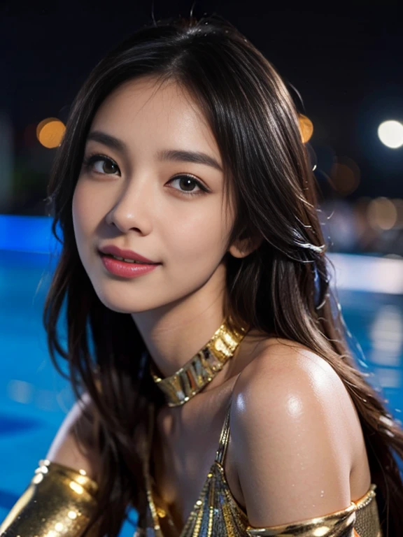 Latex bodysuit、Knee-high boots、Huge 、Long brown hair、Shiny, Oily skin、Glowing Skin、Indoor competition pool、White skin、 Body Portrait, 8k, Narrow and beautiful eyes, Dindal effect, masterpiece, 最high quality, high quality, High resolution, Very detailed写真, (Natural skin texture, Fine skin, Hyperrealism, Ultra Sharpness) , Skin with attention to detail, (Very fine, Fine skin texture, Intricate details, Beautiful Face, (A vivid face), Realistic eyes, Beautiful and detailed, Realistic Skin, Beautiful Skin, Surreal, Very detailed, Golden Ratio, Smiling Eyes, ((Night moonlight background)), Body Portrait, glamorous, Shinyボディスーツ