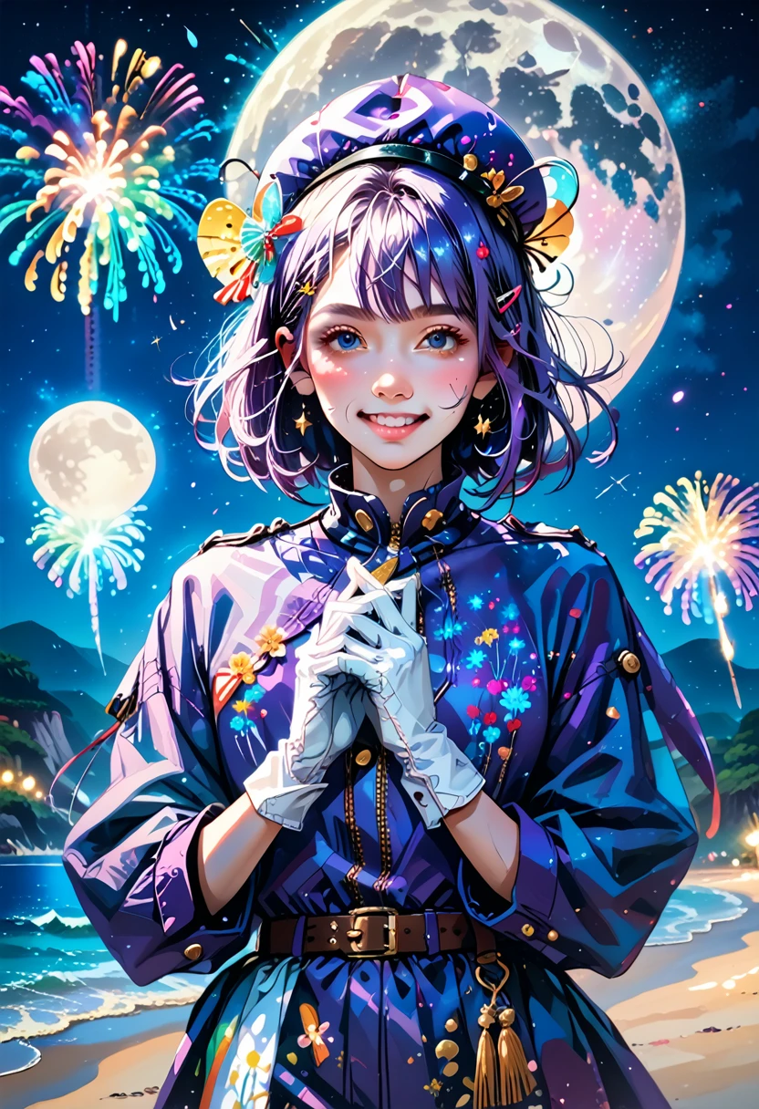 masterpiece, Best quality, mouse-heron, purple hat, hairclip, green ribbon, purple jacket, White gloves, belt, purple miniskirt, upper body, blushing, smile, I look at the viewer, beach, night, moon, fireworks, Hands to chest