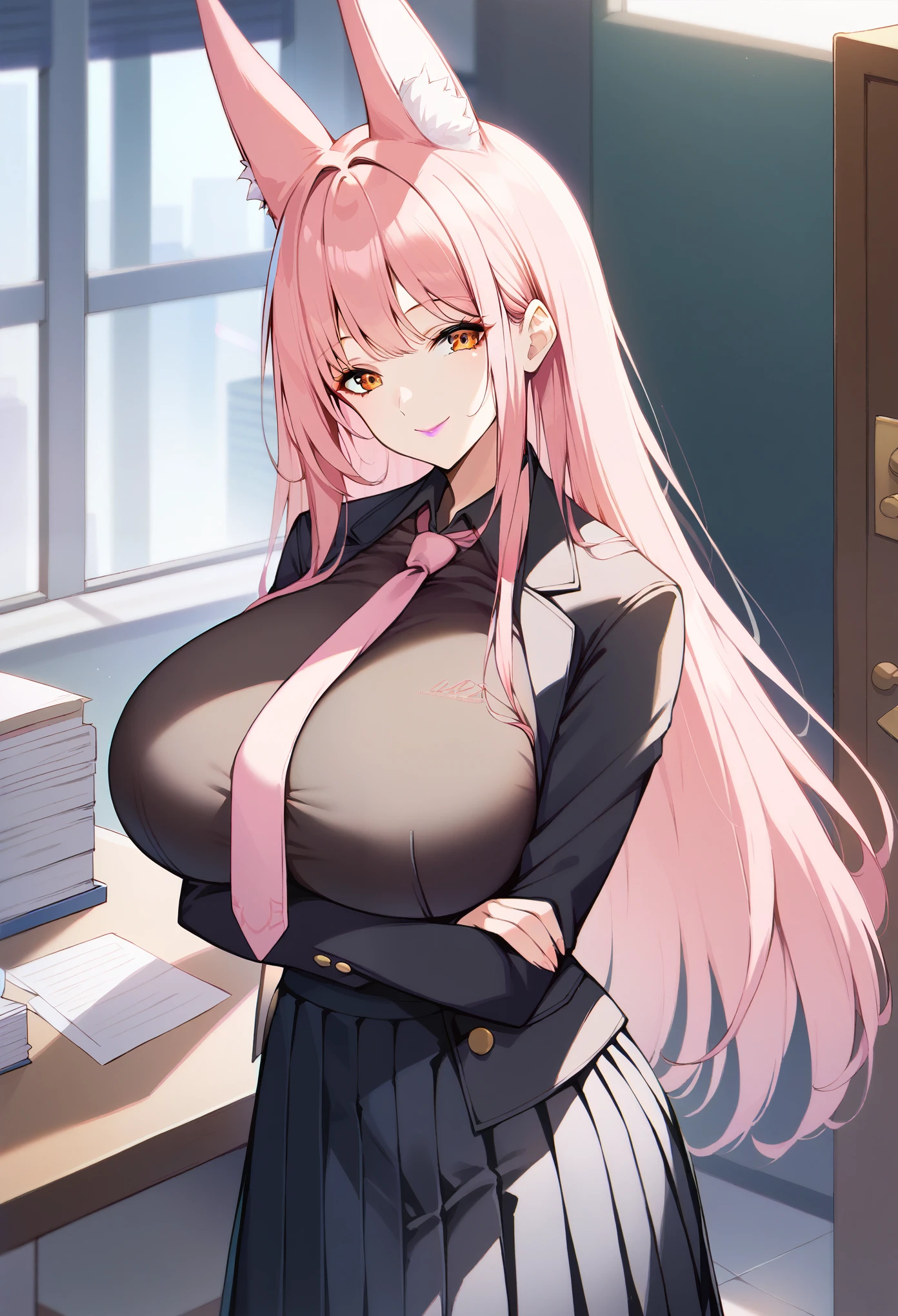 masterpiece, score_9, score_8_up, score_7_up, source_anime, extremely detailed, high quality, 1girl, milf, solo, leona, (huge breasts), ((((pink hair), long hair, bangs, orange eyes, fox ears))), purple lips, (((black shirt, black coat, long sleeves, pink necktie, pleated skirt, black long skirt))), ((light smile), closed mouth), ((indoor, office))