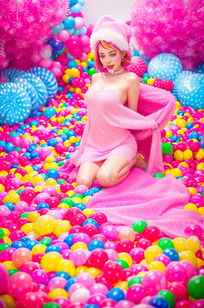 pink hair, side locks, hair clip, sensual look, , ray tracing, big blue eyes, perspective, ultra wide angle, anatomically correct, best quality, high resolution, High resolution), Candy store background, ((splash of ink)), very happy 13 year old Japanese girl, pink lips, standing, full body photo, colorful pubic hair, (candy shop). sweets scattered on the floor