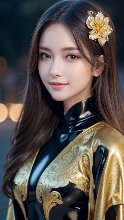 Kimono beauty, body portrait, 8k, thin and beautiful eyes, Dindal effect, masterpiece, top quality, high quality, high resolution, very detailed photo, (natural skin texture, fine skin, hyper realism, super sharpness) , high detail skin, (very fine, fine skin texture, intricate details, beautiful face, (real-like face), realistic eyes, beautifully detailed eyes, realistic skin, beautiful skin, surreal, Highly detailed, golden ratio, smiling eyes, ((night moonlight background)), body portrait, G cup, big breasts, huge breasts, big breasts, glamorous, shiny bodysuit