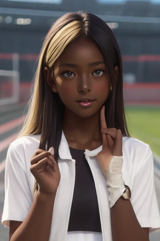 (((( one girl )))), Put your hand over your mouth、Beautiful breasts、 Brown eyes, ((Gal Hairstyles)) blonde, girl, (Eye and facial details:1.0), break, (masterpiece, Highest quality, Very detailed, Detailed face, 8k),( dark skin:1.9 ), (((( track and field uniform )))),( open mouth )