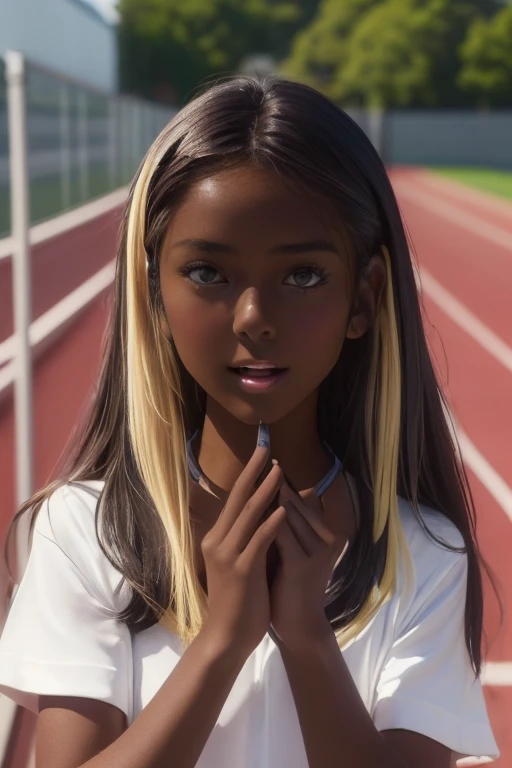 (((( one girl )))), Put your hand over your mouth、Beautiful breasts、 Brown eyes, ((Gal Hairstyles)) blonde, girl, (Eye and facial details:1.0), break, (masterpiece, Highest quality, Very detailed, Detailed face, 8k),( dark skin:1.9 ), (((( track and field uniform )))),( open mouth )