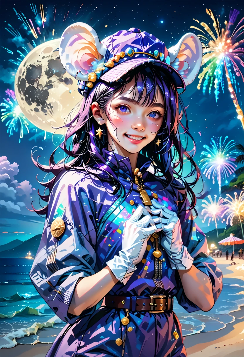 masterpiece, Best quality, mouse-heron, purple hat, hairclip, green ribbon, purple jacket, White gloves, belt, purple miniskirt, upper body, blushing, smile, I look at the viewer, beach, night, moon, fireworks, Hands to chest