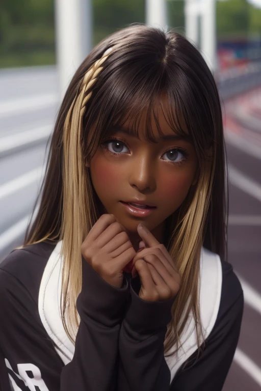 (((( one girl )))), Put your hand over your mouth、Beautiful breasts、 Brown eyes, ((Gal Hairstyles)) blonde, girl, (Eye and facial details:1.0), break, (masterpiece, Highest quality, Very detailed, Detailed face, 8k),( dark skin:1.9 ), (((( track and field uniform )))),( open mouth )