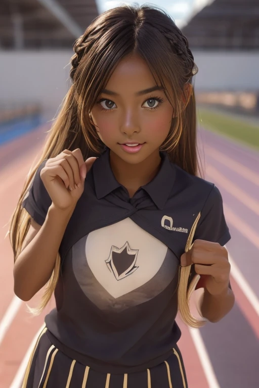 (((( one girl )))), Put your hand over your mouth、Beautiful breasts、 Brown eyes, ((Gal Hairstyles)) blonde, girl, (Eye and facial details:1.0), break, (masterpiece, Highest quality, Very detailed, Detailed face, 8k),( dark skin:1.9 ), (((( track and field uniform )))),( open mouth )