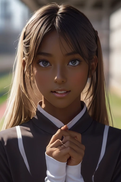 (((( one girl )))), Put your hand over your mouth、Beautiful breasts、 Brown eyes, ((Gal Hairstyles)) blonde, girl, (Eye and facial details:1.0), break, (masterpiece, Highest quality, Very detailed, Detailed face, 8k),( dark skin:1.9 ), (((( track and field uniform )))),( open mouth )