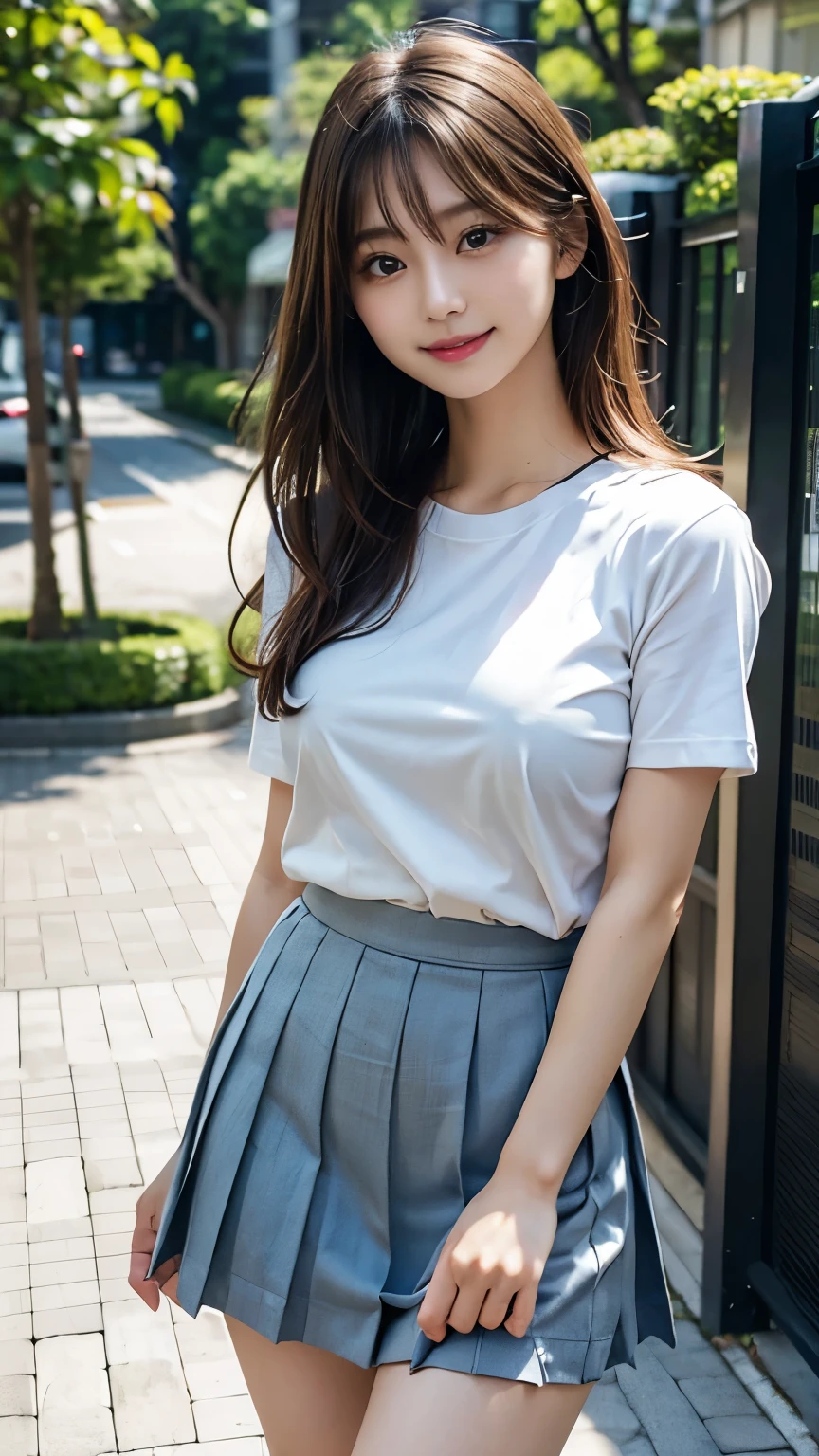 highres, ultra detailed, photorealistic, 1 beautiful japanese girl, highly detailed beautiful face, medium hair, light smile, clingy T-shirt, knee length pleated skirt, (nipple shape clearly visible), standing, park, full body