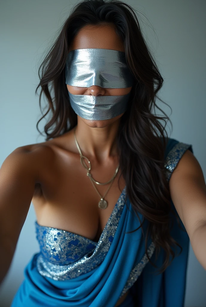 Aesthetic girl blindfolded duct tape gagged in blue sparkling shimmering saree taking selfie