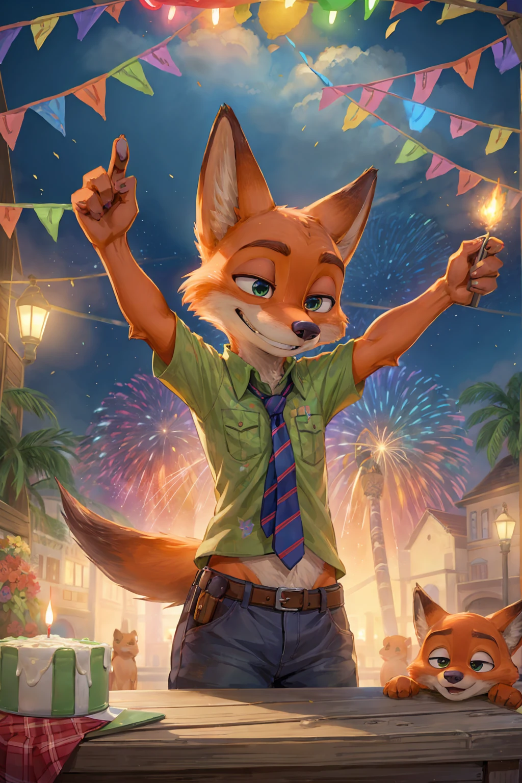 high resolution,8k,Vibrant colors,Official Art,Celebrating a birthday with crackers,nick wilde