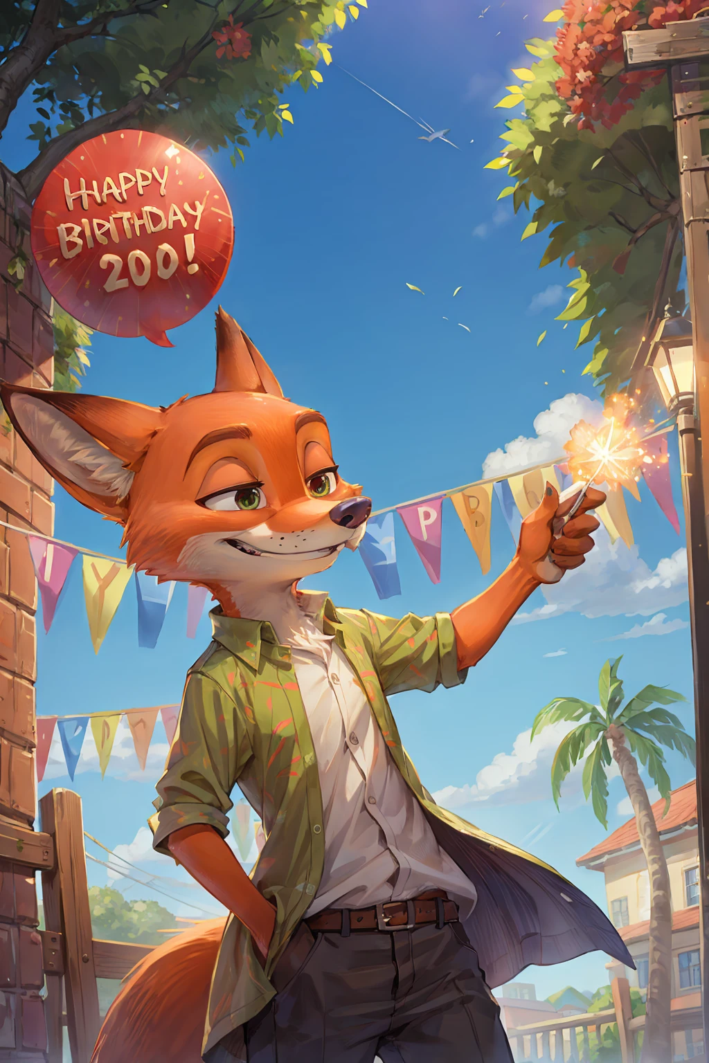 high resolution,8k,Vibrant colors,Official Art,Celebrating a birthday with crackers,nick wilde