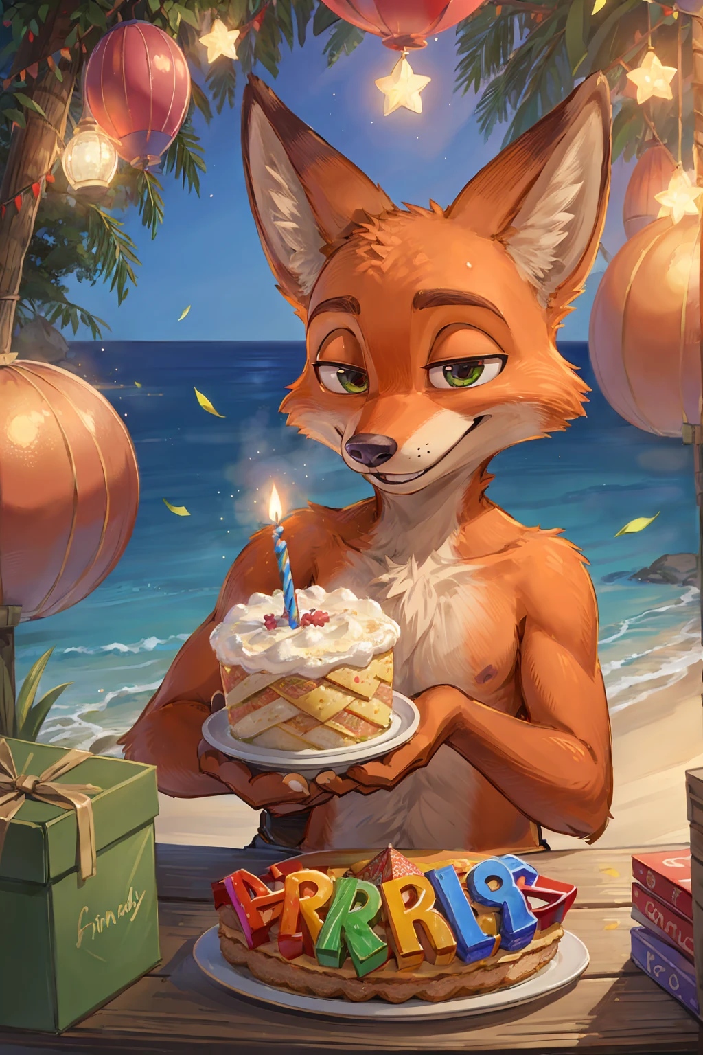 high resolution,8k,Vibrant colors,Official Art,Celebrating a birthday with crackers,nick wilde