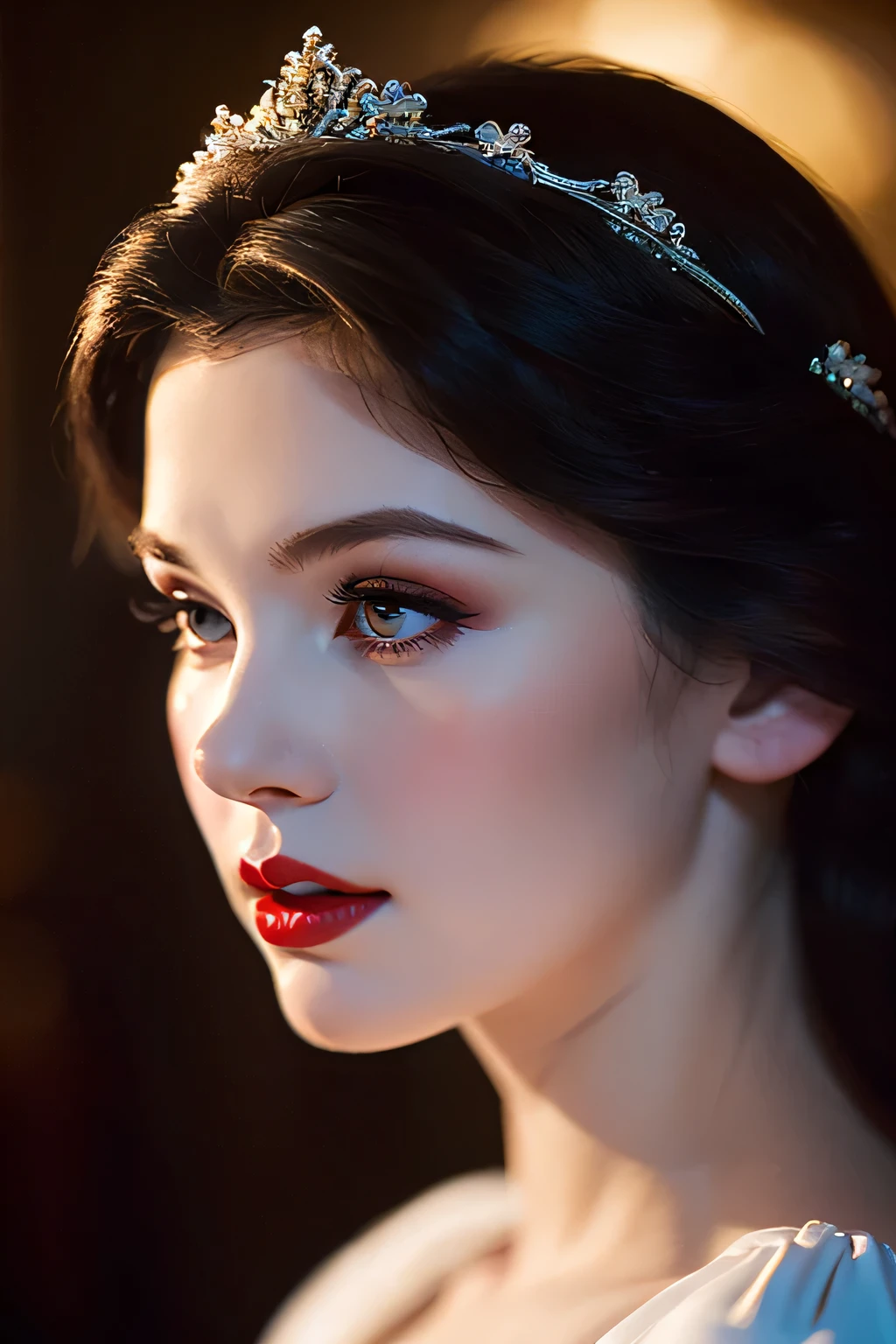 a beautiful young snow white princess, detailed portrait, face focus, red lips, long black hair, pale skin, rosy cheeks, fantasy, high quality, 8k, detailed, photorealistic, glamorous, elegant, intricate, dramatic lighting, moody, cinematic, glowing skin, volumetric lighting, depth of field, realistic portrait, exquisite details, flawless