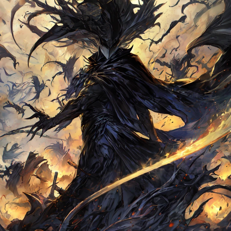 Male nazgul ghost of the ring necromancer with a sword in black, dark gold armor with a black robe with a capishon dressed and wearing a helmet covering his face with black hair UHD super detail accurate best quality
