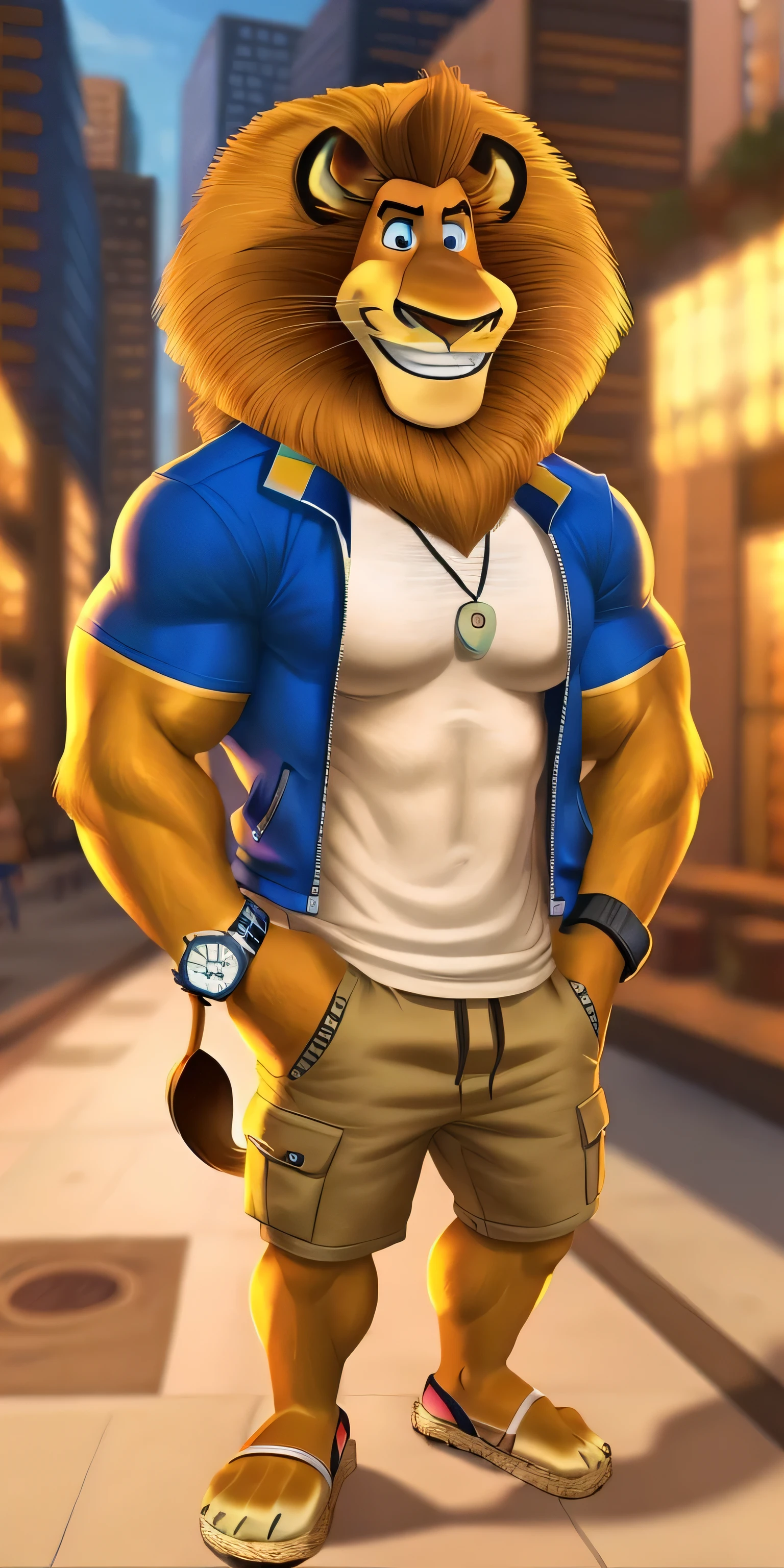 Alex the Lion, muscular body, big biceps, extremely beautiful and cute face, wears white t-shirt, blue varsity jacket, fancy watch on right wrist, hands in pockets, beige cargo shorts, sandals, city streets background, selfie, friendly look, cute smiling