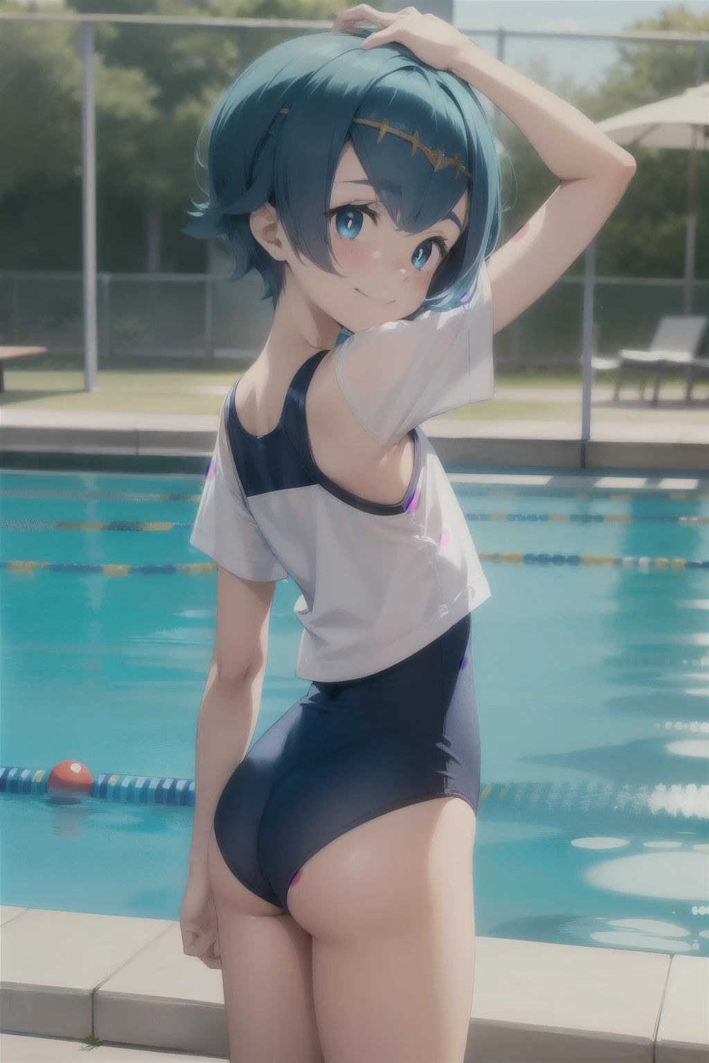 Anime style, lana , short blue hair  ,childshi body ,  smug face smile , blush,  flat chest ,  mini shirt  , school  swimsuit ,  nádegas . Back ass , pool , holding pokeball