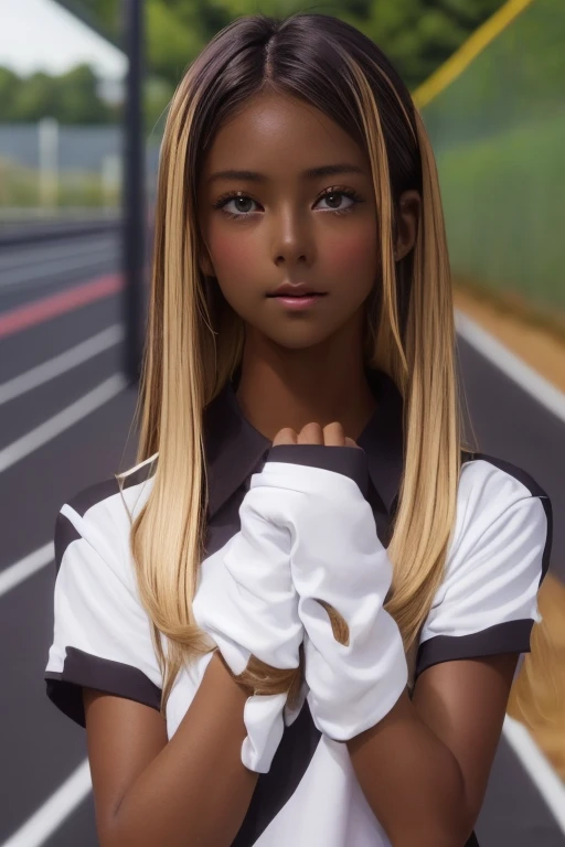 (((( one girl )))), Put your hand over your mouth、Beautiful breasts、 Brown eyes, ((Gal Hairstyles)) blonde, girl, (Eye and facial details:1.0), break, (masterpiece, Highest quality, Very detailed, Detailed face, 8k),( dark skin:1.9 ), (((( track and field uniform )))),( open mouth )