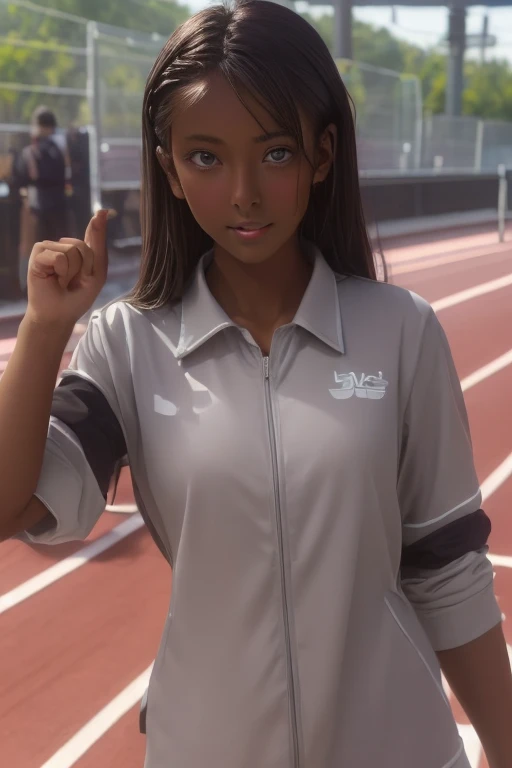 (((( one girl )))), Put your hand over your mouth、Beautiful breasts、 Brown eyes, ((Gal Hairstyles)) blonde, girl, (Eye and facial details:1.0), break, (masterpiece, Highest quality, Very detailed, Detailed face, 8k),( dark skin:1.9 ), (((( track and field uniform )))),( open mouth )