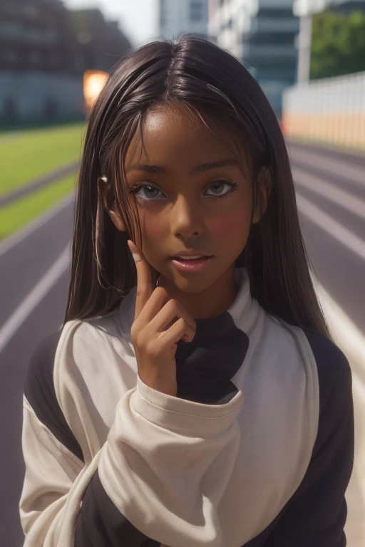 (((( one girl )))), Put your hand over your mouth、Beautiful breasts、 Brown eyes, ((Gal Hairstyles)) blonde, girl, (Eye and facial details:1.0), break, (masterpiece, Highest quality, Very detailed, Detailed face, 8k),( dark skin:1.9 ), (((( track and field uniform )))),( open mouth )