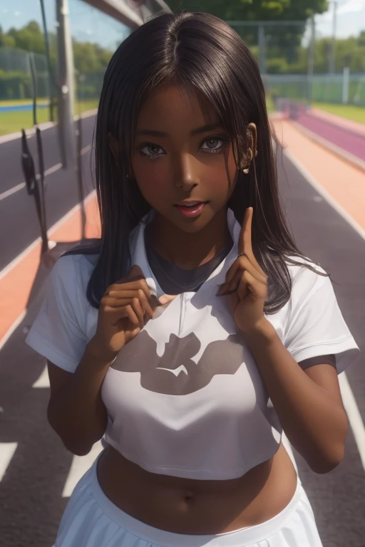 (((( one girl )))), Put your hand over your mouth、Beautiful breasts、 Brown eyes, ((Gal Hairstyles)) blonde, girl, (Eye and facial details:1.0), break, (masterpiece, Highest quality, Very detailed, Detailed face, 8k),( dark skin:1.9 ), (((( track and field uniform )))),( open mouth )