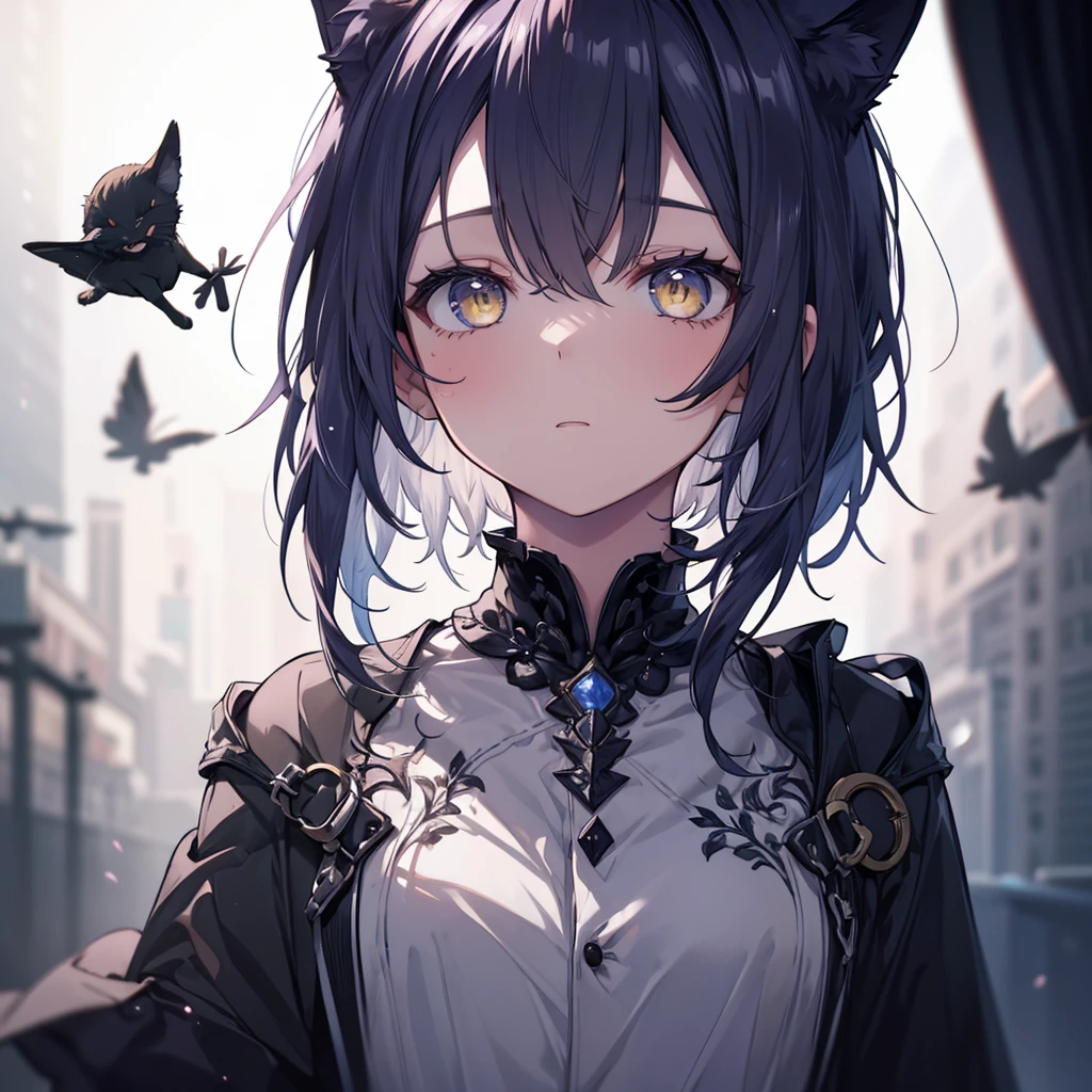 A boy with black hair and cat ears, Yellow Eyes, Straight hair, Short Hair, Shoulder-length hair, Surprised expression, (Highest quality,4K,8k,High resolution,masterpiece:1.2),Very detailed,Solo Boy,Dramatic lighting,Gloomy atmosphere,Very detailed顔の特徴,Complex clothing texture,Structure of the film,A calming color palette,