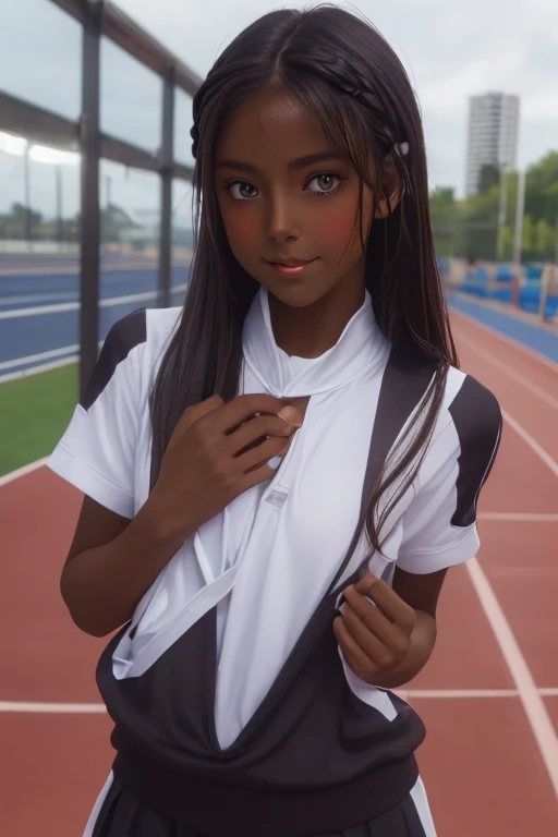 (((( one girl )))), Put your hand over your mouth、Beautiful breasts、 Brown eyes, ((Gal Hairstyles)) blonde, girl, (Eye and facial details:1.0), break, (masterpiece, Highest quality, Very detailed, Detailed face, 8k),( dark skin:1.9 ), (((( track and field uniform )))),( open mouth )