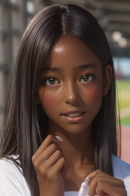 (((( one girl )))), Put your hand over your mouth、Beautiful breasts、 Brown eyes, ((Gal Hairstyles)) blonde, girl, (Eye and facial details:1.0), break, (masterpiece, Highest quality, Very detailed, Detailed face, 8k),( dark skin:1.9 ), (((( track and field uniform )))),( open mouth )