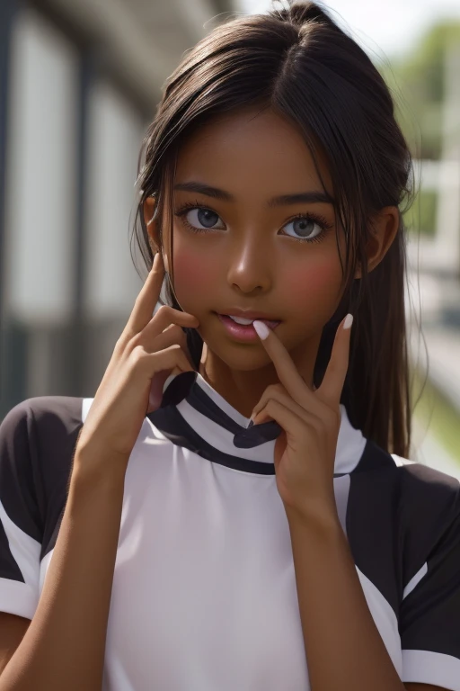 (((( one girl )))), Put your hand over your mouth、Beautiful breasts、 Brown eyes, ((Gal Hairstyles)) blonde, girl, (Eye and facial details:1.0), break, (masterpiece, Highest quality, Very detailed, Detailed face, 8k),( dark skin:1.9 ), (((( track and field uniform )))),( open mouth )