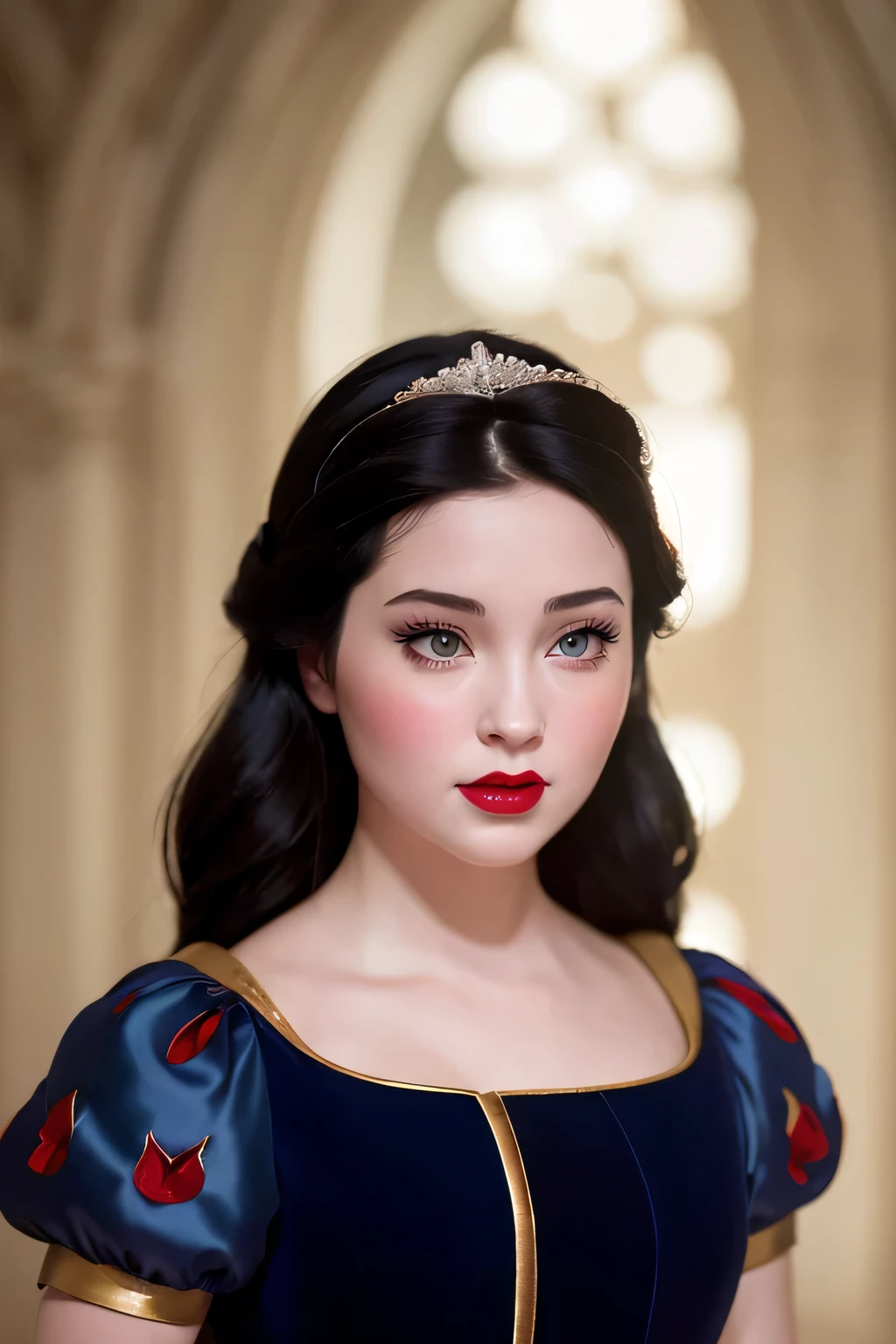 a beautiful young snow white princess, detailed portrait, face focus, red lips, long black hair, pale skin, rosy cheeks, fantasy, high quality, 8k, detailed, photorealistic, glamorous, elegant, intricate, dramatic lighting, moody, cinematic, glowing skin, volumetric lighting, depth of field, realistic portrait, exquisite details, flawless