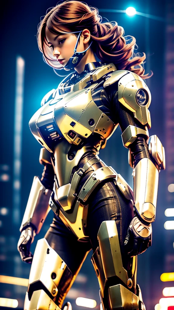 Best image quality, Great details, Ultra-high resolution, (realism: 1.4), Best illustrations, Favorite Details, Very condensed one girl, Delicate and beautiful features, Wearing a metallic mecha combat suit, His face was covered with a metallic mask, Female Space Detective,Hold the directional controller, Riding on motorcycle, The background is a futuristic city high tech lighting scene.Shortcuts, Large Breasts, 