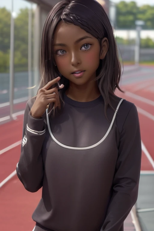 (((( one girl )))), Put your hand over your mouth、Beautiful breasts、 Brown eyes, ((Gal Hairstyles)) blonde, girl, (Eye and facial details:1.0), break, (masterpiece, Highest quality, Very detailed, Detailed face, 8k),( dark skin:1.9 ), (((( track and field uniform )))),( open mouth )