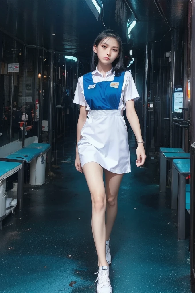 1girl with cute face and black hair, walking, slender, wearing white shirt, pinafore, (blue uniform:1.2), black tie, white shoes, night, neon background, neon city,( futuristic:1.2), rain, full body, (masterpiece, top quality, best quality, official art, beautiful and aesthetic:1.2) 