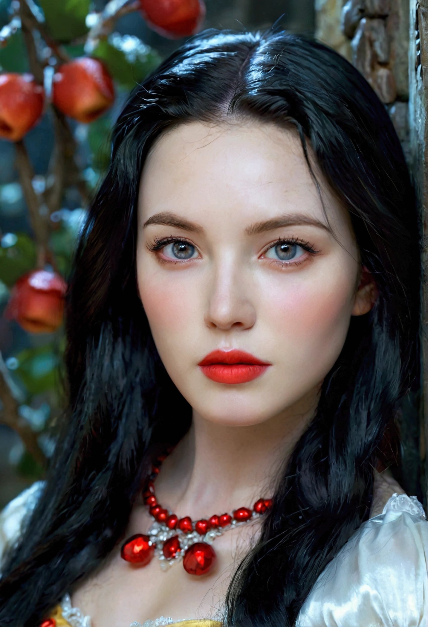 a beautiful young snow white princess, detailed portrait, face focus, red lips, long black hair, pale skin, rosy cheeks, fantasy, high quality, 8k, detailed, photorealistic, glamorous, elegant, intricate, dramatic lighting, moody, cinematic, glowing skin, volumetric lighting, depth of field, realistic portrait, exquisite details, flawless