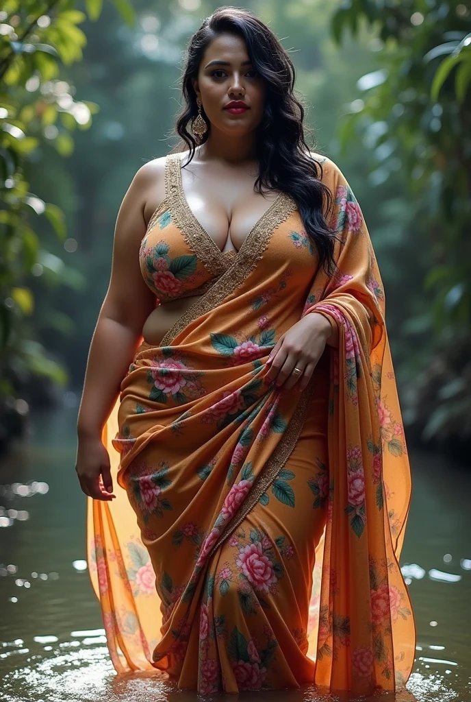 portrait,(NSFW 0.75) boy,woman, ((princess pose)) ,very very big breast, soft thick sexy saree white, orange , pink ,teal,red, yellow colour ,flower design modern light wedding saree,  colorful, flower armor,  good anatomy,  best quality,  (((masterpiece))),  high quality,  realist,  best detailed,  details,  realist skin,  skin detailed,  underboobs,  beautiful  posing under a fairy tale of exotic magic,lehenga choli, girl immersed in water , soaked saree, meadows background , bokeh effect  ,off shoulder, strapless blouse, slightly chubby hip,different saree wearing style,(multi chain jewellery blouse),(wearing jewellery on blouse)(buttocks and looking back)((very thick blouse)))