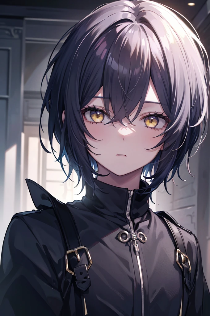 A boy with black hair and cat ears, Yellow Eyes, Straight hair, Short Hair, Shoulder-length hair, surprised, (Highest quality,4K,8k,High resolution,masterpiece:1.2),Very detailed,Solo Boy,Dramatic lighting,Gloomy atmosphere,Very detailed,Facial Features,Complex clothing texture,Structure of the film,A calming color palette,