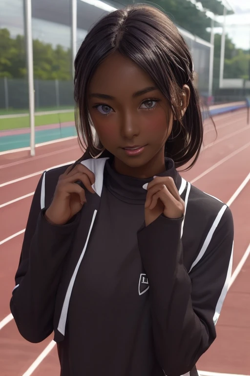 (((( one girl )))), Put your hand over your mouth、Beautiful breasts、 Brown eyes, ((Gal Hairstyles)) blonde, girl, (Eye and facial details:1.0), break, (masterpiece, Highest quality, Very detailed, Detailed face, 8k),( dark skin:1.9 ), (((( track and field uniform )))),( open mouth )