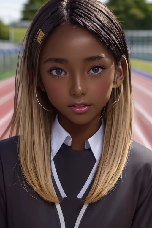 (((( one girl )))), Put your hand over your mouth、Beautiful breasts、 Brown eyes, ((Gal Hairstyles)) blonde, girl, (Eye and facial details:1.0), break, (masterpiece, Highest quality, Very detailed, Detailed face, 8k),( dark skin:1.9 ), (((( track and field uniform )))),( open mouth )