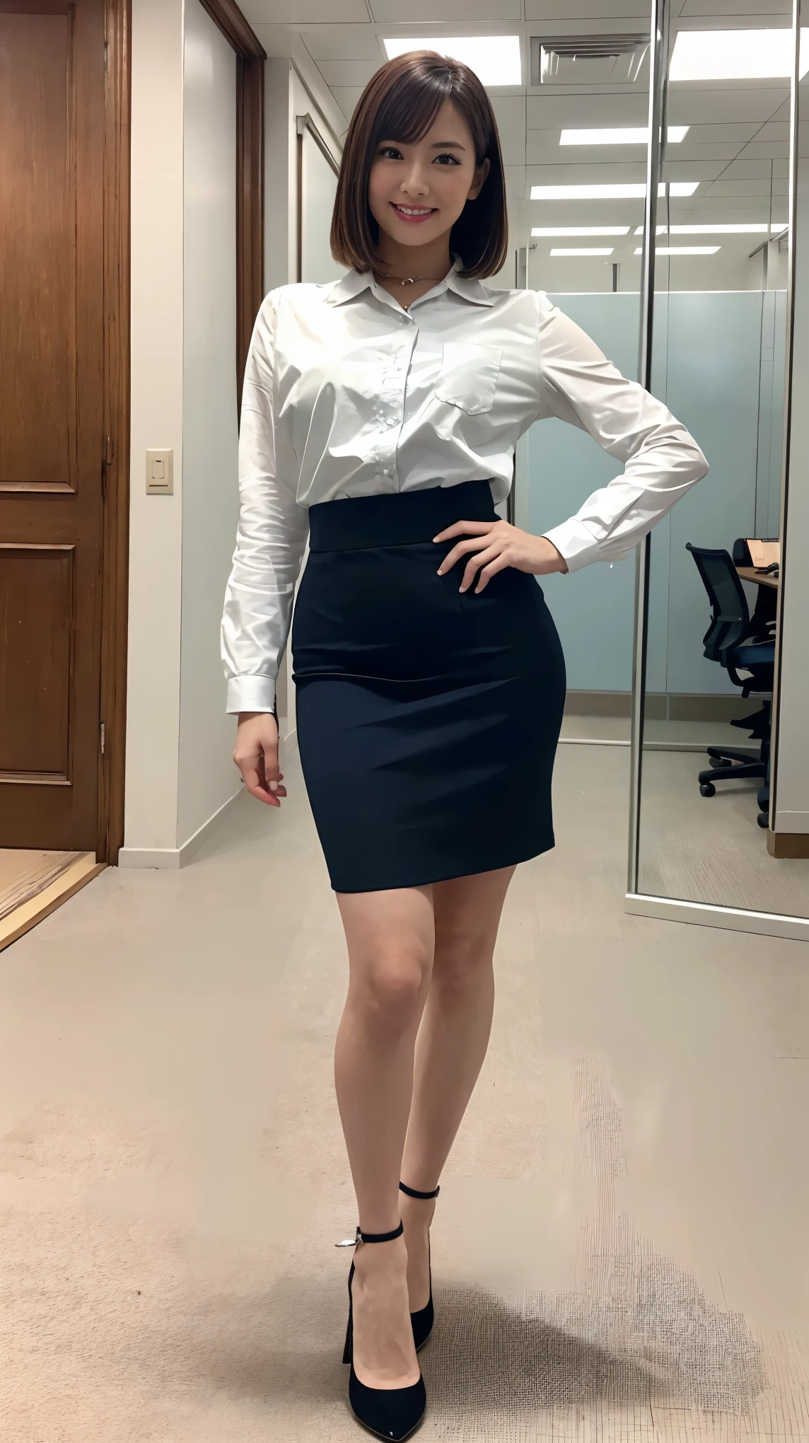 Woman taking selfie in mirror in room, Office Clothes, Grey Skirt, Business attire, Pencil Skirt, Wearing business casual clothes, Work clothes, business attire, 透明なGrey Skirt, casual business attire, Wearing a skirt, Checked skirt, business suit, Costume photo, Work clothes, Businesswoman, Casual clothing, Full body photo, Pencil Mini Skirt, Full body female