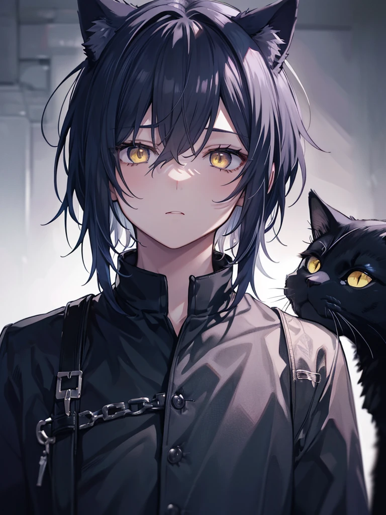 A boy with black hair and cat ears, Yellow Eyes, Straight hair, Short Hair, Shoulder-length hair, Surprised Eyes, Adventurer, (Highest quality,4K,8k,High resolution,masterpiece:1.2),Very detailed,Solo Boy,Dramatic lighting,Gloomy atmosphere,Very detailed,Facial Features,Complex clothing texture,Structure of the film,A calming color palette,