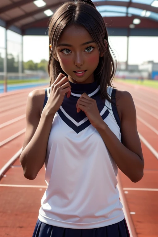 (((( one girl )))), Put your hand over your mouth、Beautiful breasts、 Brown eyes, ((Gal Hairstyles)) blonde, girl, (Eye and facial details:1.0), break, (masterpiece, Highest quality, Very detailed, Detailed face, 8k),( dark skin:1.9 ), (((( track and field uniform )))),( open mouth )