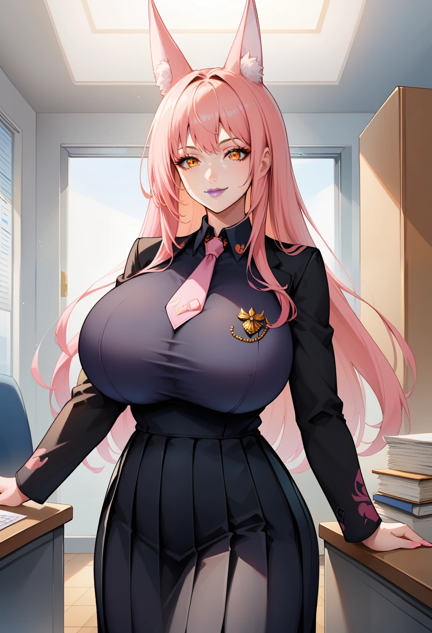 masterpiece, score_9, score_8_up, score_7_up, source_anime, extremely detailed, high quality, 1girl, milf, solo, leona, (huge breasts), ((((pink hair), long hair, bangs, orange eyes, fox ears))), purple lips, (((black shirt, black coat, long sleeves, pink necktie, pleated skirt, black long skirt))), ((light smile), closed mouth), ((indoor, office))