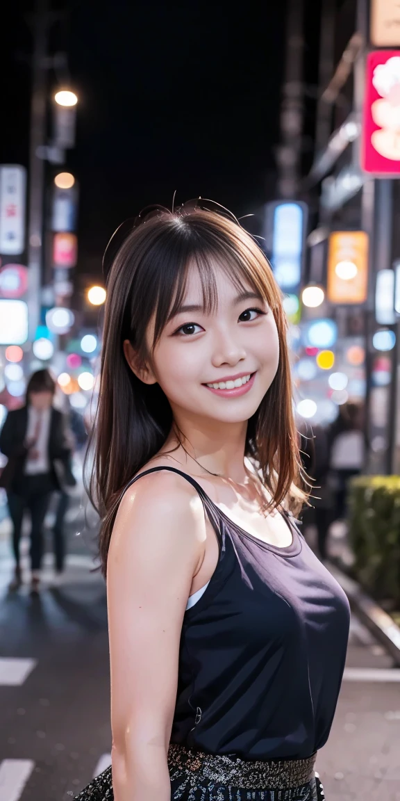 1 girl, Tokyo Street,night, Streetscape,City lights,Upper Body,close,smile,, (8k, RAW Photos, Highest quality, masterpiece:1.2),(Realistic, photo-Realistic:1.37), 