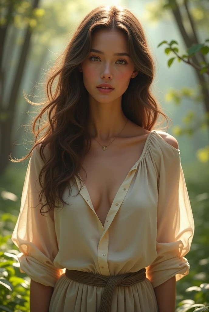 (Meilleure qualité), (ultra-détaillé), (chef-d'œuvre), (haute résolution), Résolution 16k, 1 femme, 25 ans, la plus belle femme du monde, regarder le spectateur, photo en gros plan, vue d'en-haut, sourire impertinent, sourire radieux, séduisant, expression faciale lubrique, confiant, chemise en lin avec un léger décolleté classe, collier doré, hauts de cuisse et jupe, ceinture moulante avec boucle dorée, yeux bleu clair, ((yeux bleu vif)), cheveux chocolat, De longs cheveux ondulés, (visage beau et détaillé), taille fine, Corps mince, Épaules étroites, peau propre et bronzée, dehors, forêt allemande, forêt de chênes, Au milieu de la forêt, montagnes brumeuses en arrière-plan, lever du soleil, Soleil