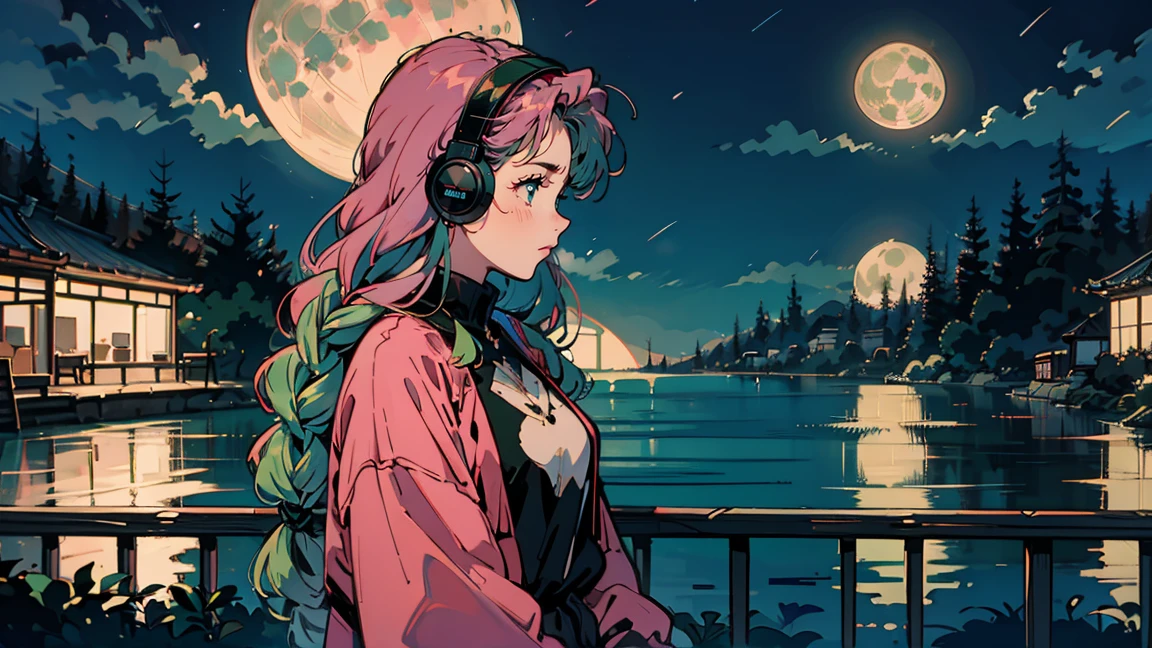 Bright pink hair , Rose Hair (Dark Pink), Green bristles, Gradient Hair, Multi-coloured hair, Long Hair, Quif, Twin Blade, Braid、Green Eyes, Highest quality, 8k, Full moon and starry sky, The glittering cityscape and sea can be seen in the foreground.. Profile Female, Wearing polka-dot pajamas. He is wearing large headphones and watching the audience... There is a balcony railing in front.. Contrast of the dark night sky and bright city lights. peaceful, A contemplative mood. Detailed building background. soft, A warm color palette with emphasis on blue and orange. comfortable, Late-night atmosphere. The image shows々A variety of colors are used