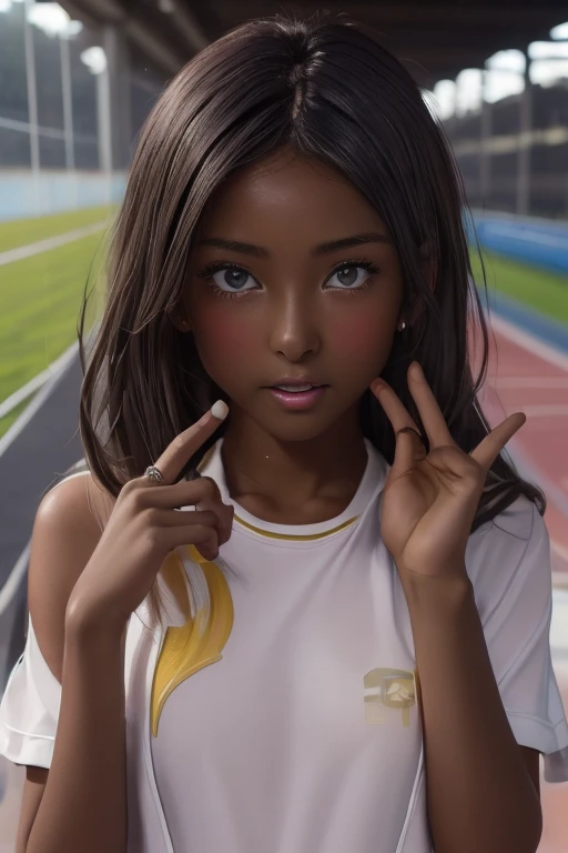 (((( one girl )))), Put your hand over your mouth、Beautiful breasts、 Brown eyes, ((Gal Hairstyles)) blonde, girl, (Eye and facial details:1.0), break, (masterpiece, Highest quality, Very detailed, Detailed face, 8k),( dark skin:1.9 ), (((( track and field uniform )))),( open mouth )