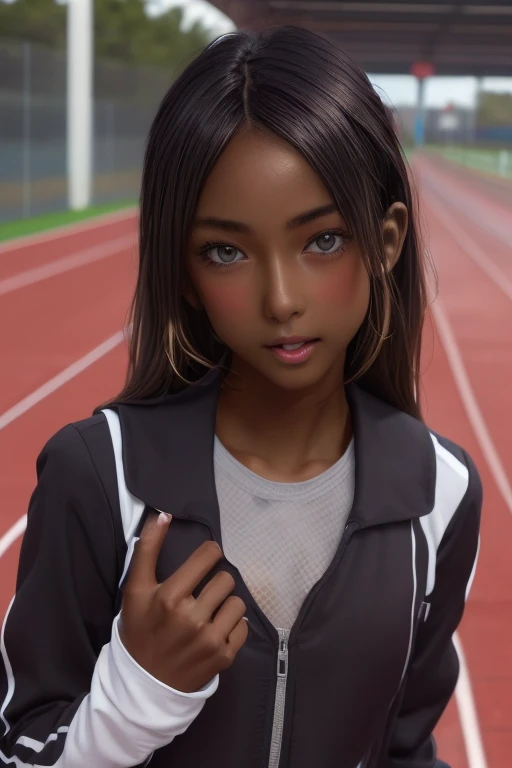 (((( one girl )))), Put your hand over your mouth、Beautiful breasts、 Brown eyes, ((Gal Hairstyles)) blonde, girl, (Eye and facial details:1.0), break, (masterpiece, Highest quality, Very detailed, Detailed face, 8k),( dark skin:1.9 ), (((( track and field uniform )))),( open mouth )