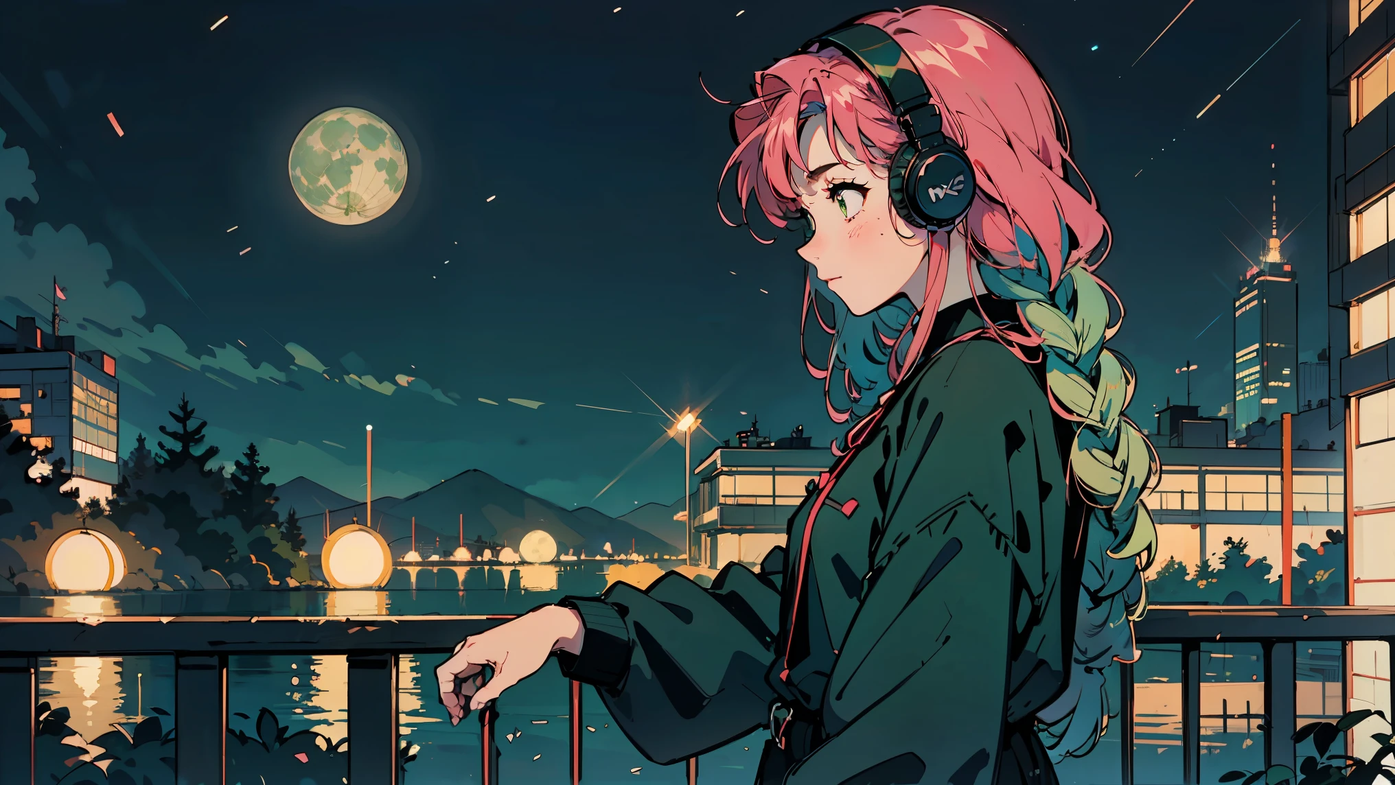 Bright pink hair , Rose Hair (Dark Pink), Green bristles, Gradient Hair, Multi-coloured hair, Long Hair, Quif, Twin Blade, Braid、Green Eyes, Highest quality, 8k, Full moon and starry sky, The glittering cityscape and sea can be seen in the foreground.. Profile Female, Wearing polka-dot pajamas. He is wearing large headphones and watching the audience... There is a balcony railing in front.. Contrast of the dark night sky and bright city lights. peaceful, A contemplative mood. Detailed building background. soft, A warm color palette with emphasis on blue and orange. comfortable, Late-night atmosphere. The image shows々A variety of colors are used