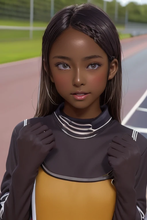 (((( one girl )))), Put your hand over your mouth、Beautiful breasts、 Brown eyes, ((Gal Hairstyles)) blonde, girl, (Eye and facial details:1.0), break, (masterpiece, Highest quality, Very detailed, Detailed face, 8k),( dark skin:1.9 ), (((( track and field uniform )))),( open mouth )